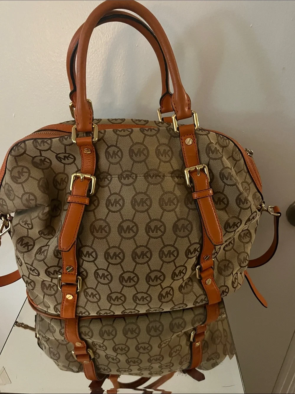 Michael Kors Brown/Tan Monogram Canvas Satchel with Leather Trim